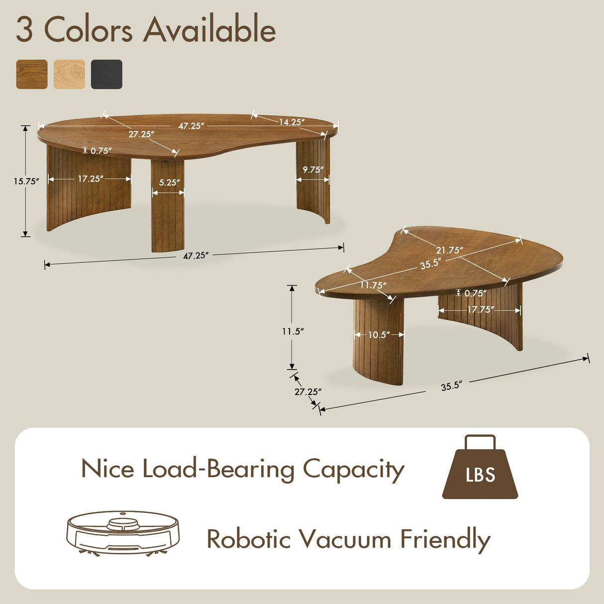 Hyfirm Walnut Nesting Coffee Table Set - 2-Piece Fluted Rubberwood Legs Living Room Center Furniture - MDF with Ash Veneer Irregular Oval Side Tables Hyfirm