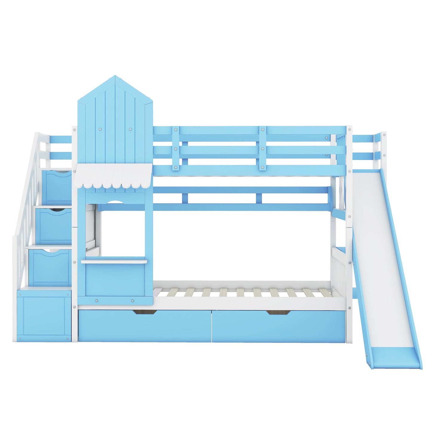 Harper & Bright Designs Twin Over Twin Bunk Bed with Stairs and Slide, Solid Wood Bunk Bed Frame with Storage Drawers and Bookshelf, for Kids Teens Girls Boys (Blue)