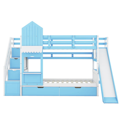 Harper & Bright Designs Twin Over Twin Bunk Bed with Stairs and Slide, Solid Wood Bunk Bed Frame with Storage Drawers and Bookshelf, for Kids Teens Girls Boys (Blue)