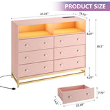 Pink Dresser for Bedroom, Wooden Modern 6 Drawers Long Dresser with Charging Station and Led Lights Design, Large Capacity Storage Chest of Drawers, Wide Drawers for Living Room, Hallway Garveehome