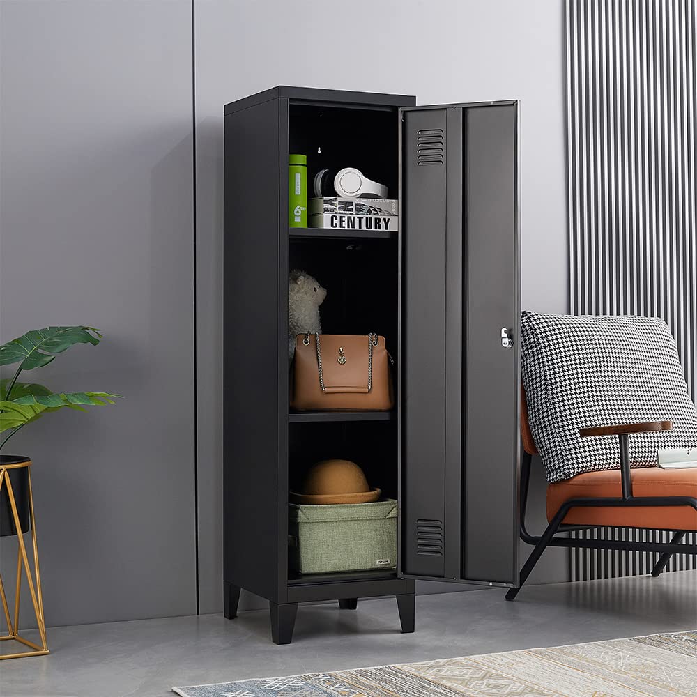 iCHENGGD Metal Cabinet, 47" H Home Office Storage Lockers, Vertical Steel Storage Cabinet with Locking Door and 2 Adjustable Shelves, Small Metal Locker Cabinets (1 Door, Black) iCHENGGD