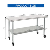HARDURA Stainless Steel Table with Wheels 24 x 60 Inches Casters NSF Heavy Duty Commercial Work & Prep Table with Undershelf and Galvanized Legs for Restaurant Kitchen Bar and Hotel Garage HARDURA Restaurant Equipment