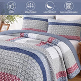 WONGS BEDDING Blue Red Quilt King Size, Bohemian Stripe Quilt Sets 3 Pieces Boho Quilted Bedspread Set Lightweight Microfiber Coverlet Bedding Set All Season (104"x90") WONGS BEDDING