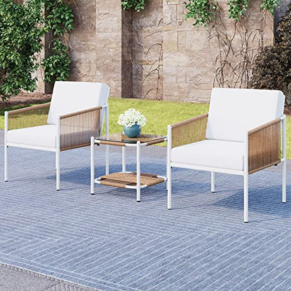 JAMFLY Outdoor Patio Furniture Set 3 Piece, Rattan Furniture Conversation Set, Small Wicker Patio Furniture Set for Porch, Backyard, Balcony with Soft Cushions and Glass Table - WoodArtSupply