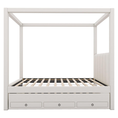 Twin Size Canopy Bed with Trundle and 3 Storage Drawers, Modern Upholstery Canopy Platform Bed with Backrest and Wood Slat Support, Beige Wood Canopy Bed for Kids Teens Adults (Twin) AYJOIR