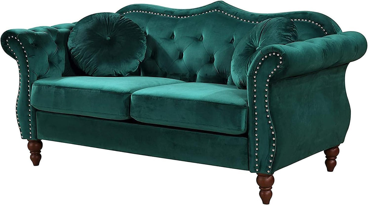 Container Furniture Direct Anna1 Chesterfield Velvet Couches for Living Room, Button Tufted Luxury Upholstery with Rolled Arms, High-Density Foam, Durable Wood Frame, 65.5" Loveseat, Green Container Furniture Direct