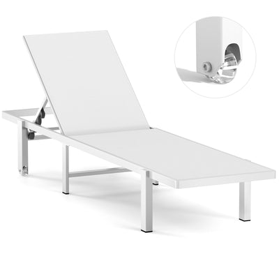 Aluminum Chaise Lounge Chair Outdoor with Wheels, Patio Lounge Chair with Adjustable 5-Position Recliner and Full Flat Tanning Chair for Patio, Beach, Pool, White