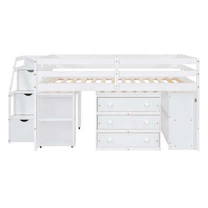 Full Size Low Loft Bed with Storage and Rolling Desk by Harper & Bright Designs - WoodArtSupply