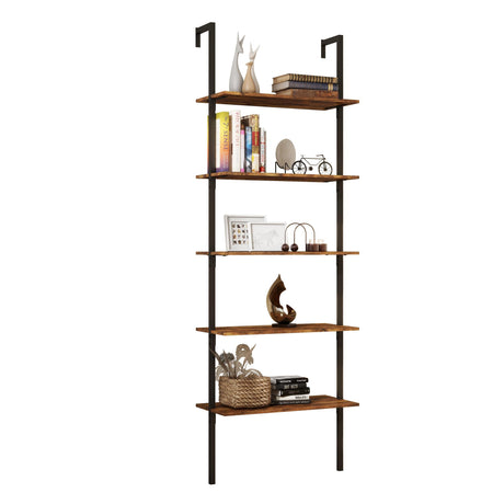 Panana Industrial 5 Tier Ladder Shelf, Open Space Book Shelf Wall Mount Bookshelf with Metal Frame Sturdy Bookcase for Living Room (Brown, 5 Tier) Panana