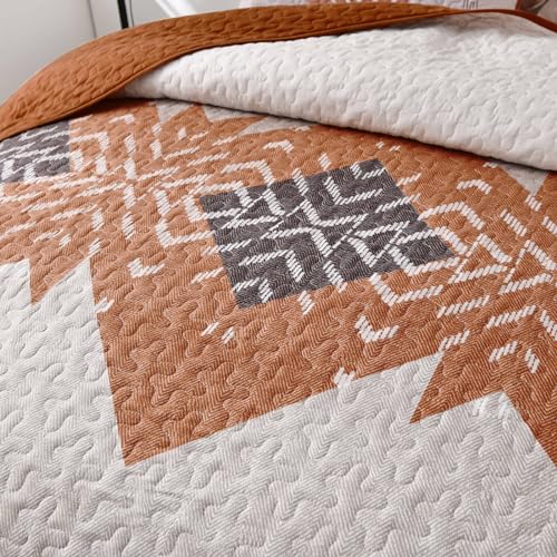 Dintszyayue Boho Quilt Set King Size 3 Pieces Aztec Texture Bedspread Coverlet Set Bohemian Quilt Bedding Set Microfiber Lightweight Bed Cover for All Seasons (Terracotta, 90"×103") Dintszyayue