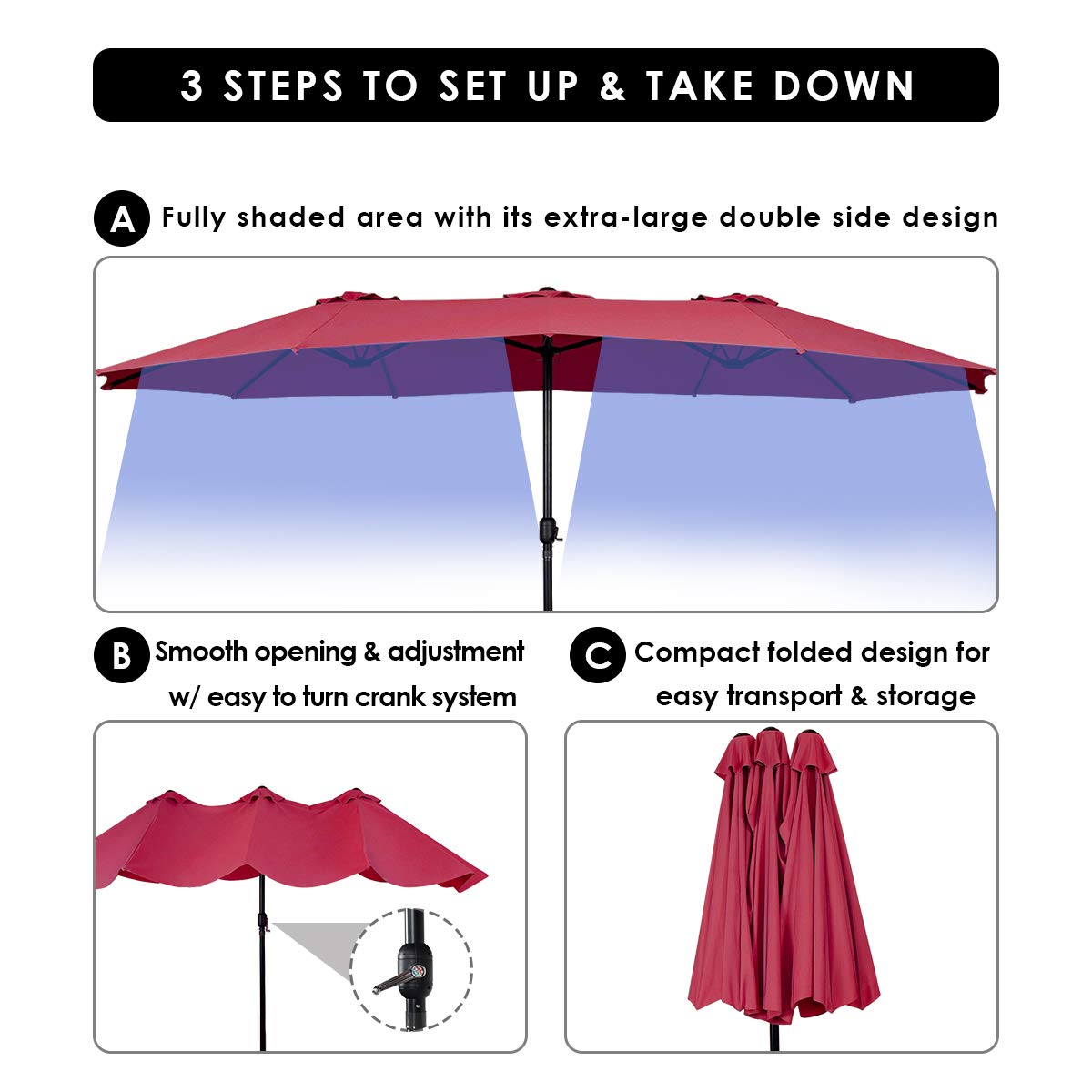 Tangkula 15 Ft Patio Umbrella Double-Sided Steel Outdoor Market Table Umbrella with Crank (Wine) Tangkula