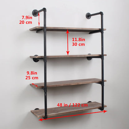 Industrial Pipe Shelving Wall Mounted,48in Rustic Metal Floating Shelves,Steampunk Real Wood Book Shelves,Wall Shelf Unit Bookshelf Hanging Wall Shelves,Farmhouse Kitchen Bar Shelving(4 Tier)