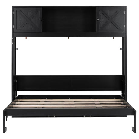 Full Size Murphy Bed Cabinet, Solid Wood Wall Bed with Storage, for Bedroom Guestroom Home Office, Black RuiSiSi