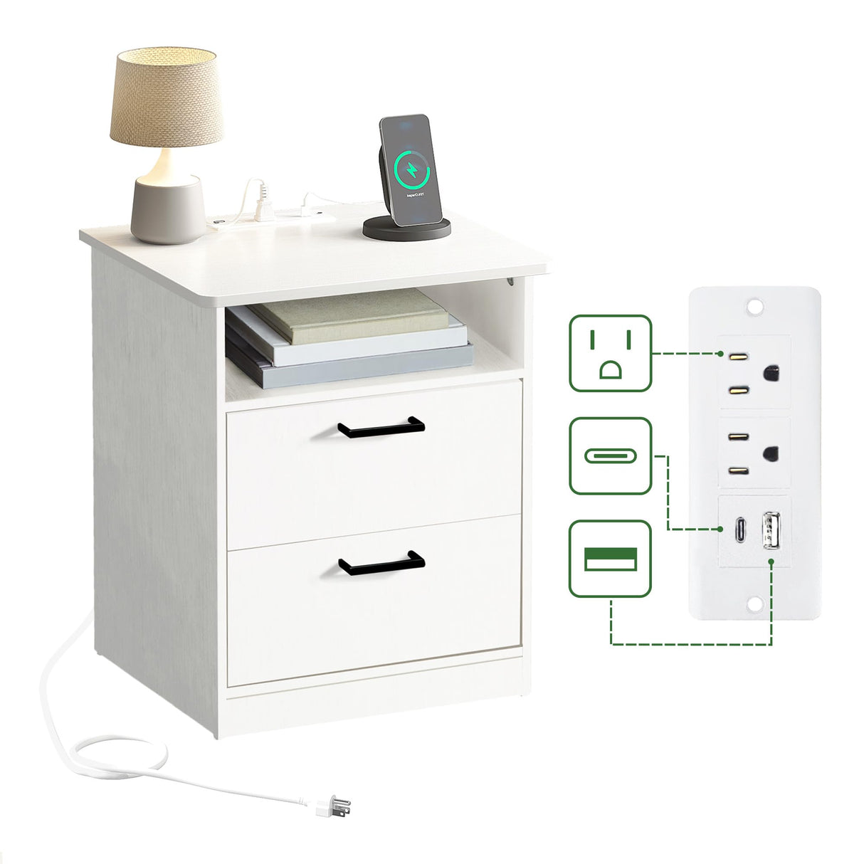 ODIKA Everyday Side Table with Fast Charging Station - USB C Cable Fast Charging, Wooden White Nightstand Bedside Table with 2 Drawers, End Table for Bedroom, Set of 1 ODIKA