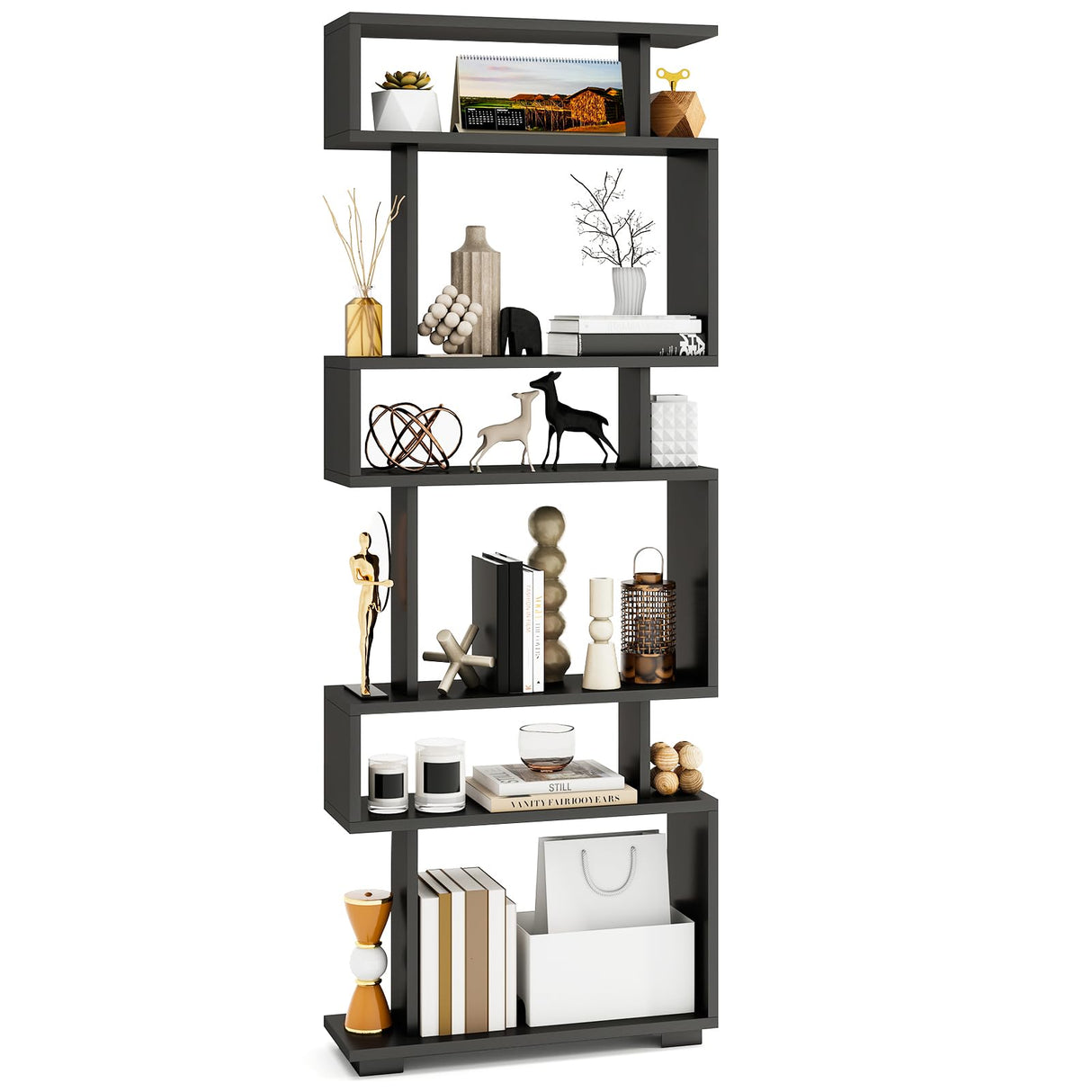 Tangkula 6-Tier S Shaped Bookcase, 64" Tall Modern Geometric Bookshelf with Anti-Tipping Kit, Home Office Freestanding Decorative Storage Display Shelf Room Divider for Living Room Study (1, Black) Tangkula