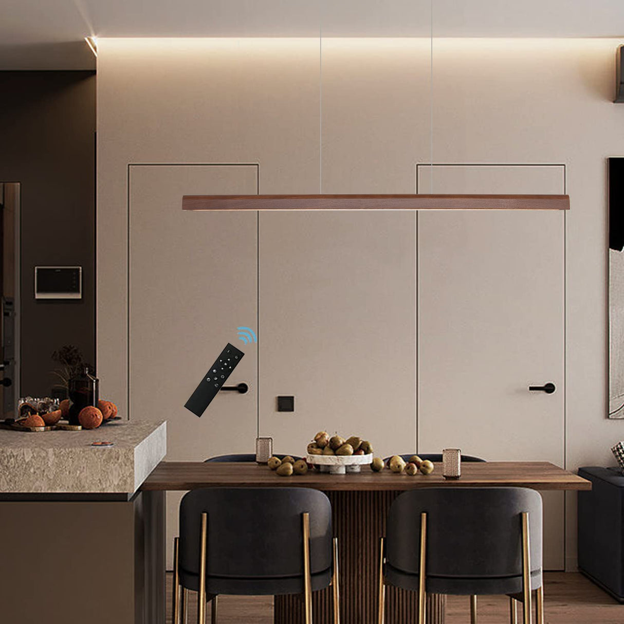 47.2" Wood Linear Pendant Light 34W Led Dimmable Dining Pendant Light Wood Kitchen Island Lights Ceiling Pendant Hanging Light for Dining Room Office studing Walnut Color(Ash Wood) YISDESIGN