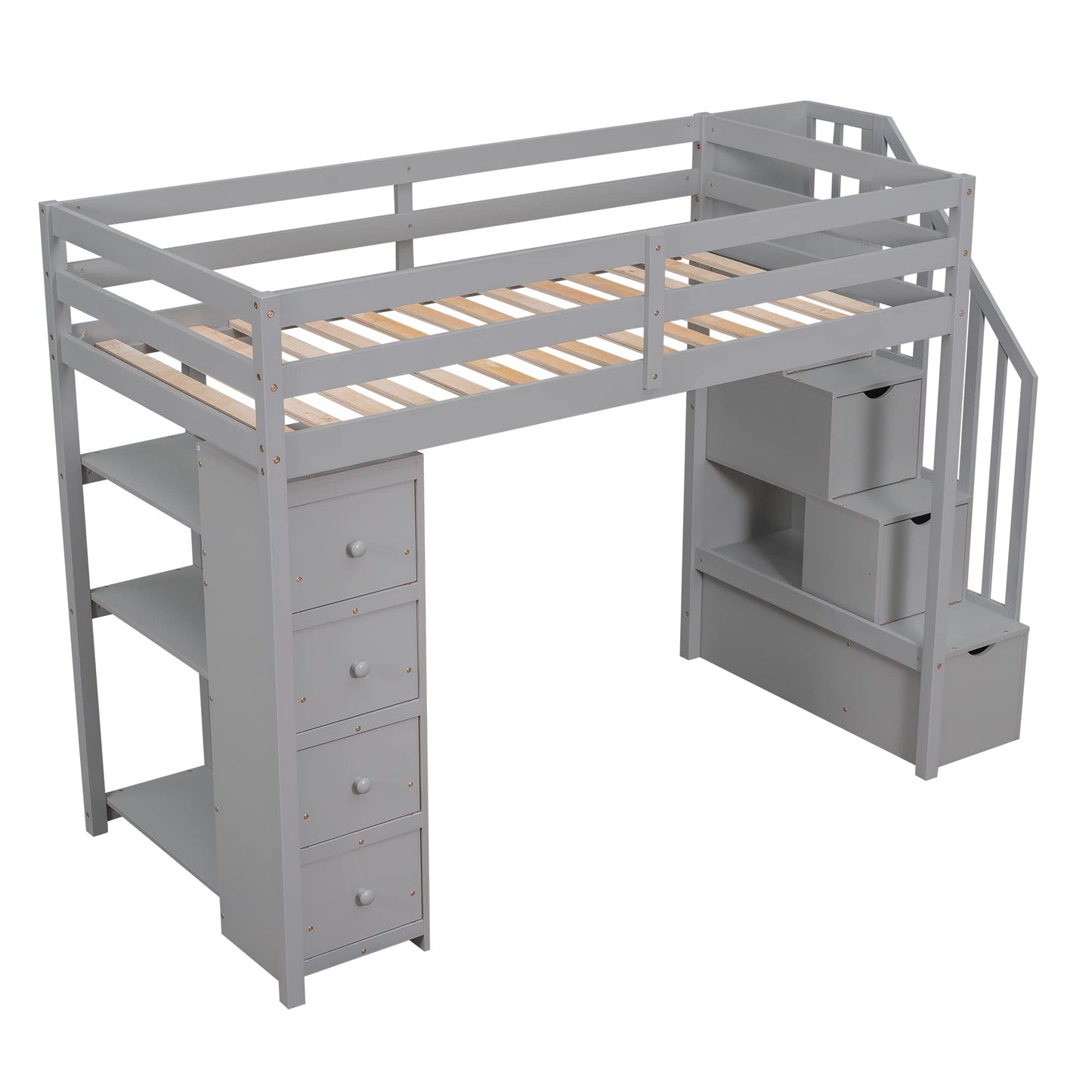 Merax Grey Twin-Size Loft Bed with Storage Drawers and Stairs for Teens - WoodArtSupply