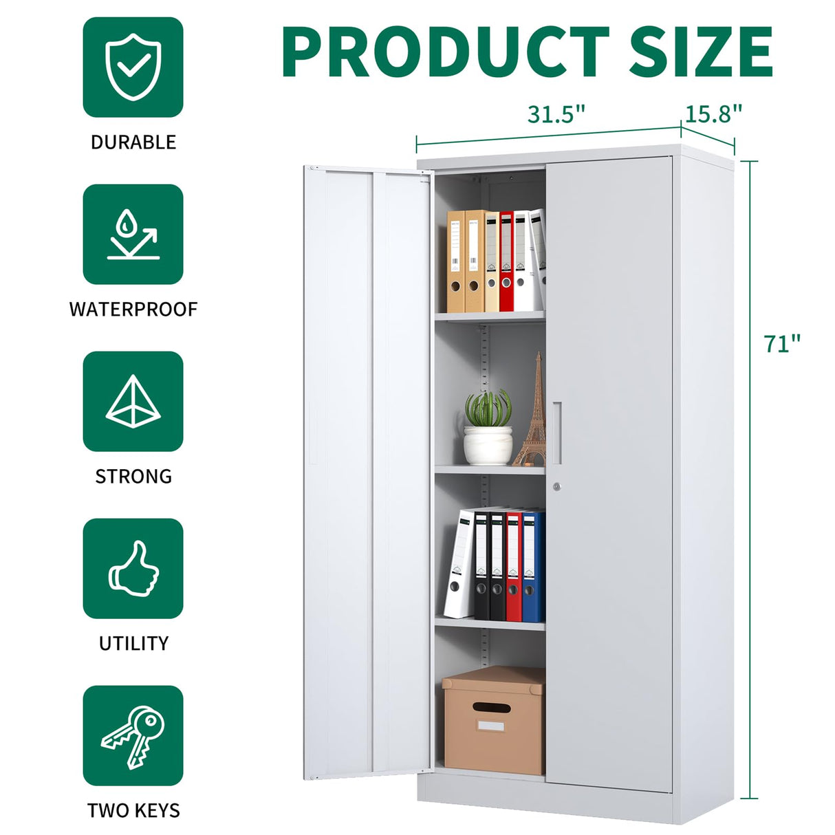 Lockable Cabinet Metal Storage Cabinet, 69" Locking Metal Storage Cabinet with 3 Adjustable Shelves,Black Metal Cabinet with 2 Doors and Lock for Office, Garage, Home (White, 69") HomJoones