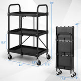 Goplus Folding Utility Cart, 3-Tier Rolling Tool Cart w/Lockable Wheels, 300LBS Capacity, Divided Storage Compartments, Collapsible Metal Service Goplus