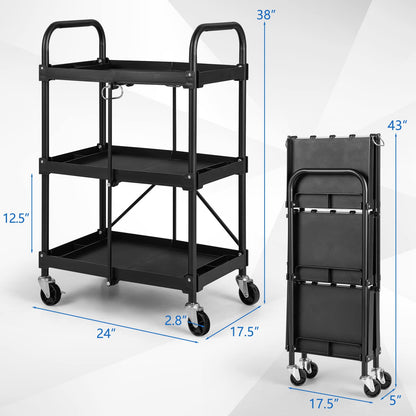 Goplus Folding Utility Cart, 3-Tier Rolling Tool Cart w/Lockable Wheels, 300LBS Capacity, Divided Storage Compartments, Collapsible Metal Service