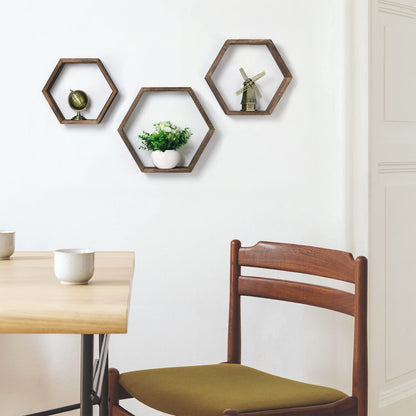 Hexagon Floating Shelves Set of 6 Farmhouse Honeycomb Wall Storage Shelf Wood Display Hexagonal Shelves Wall Mounted Hanging Rustic Shelf Racks for Bedroom Living Room Hallway Office Decor, Brown