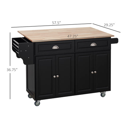 HOMCOM Rolling Kitchen Island Drop Leaf, Kitchen Cart on Wheels, Solid Wood Top Breakfast Nook with Storage Drawers, 4-Door Cabinets and Spice Rack, Black - WoodArtSupply