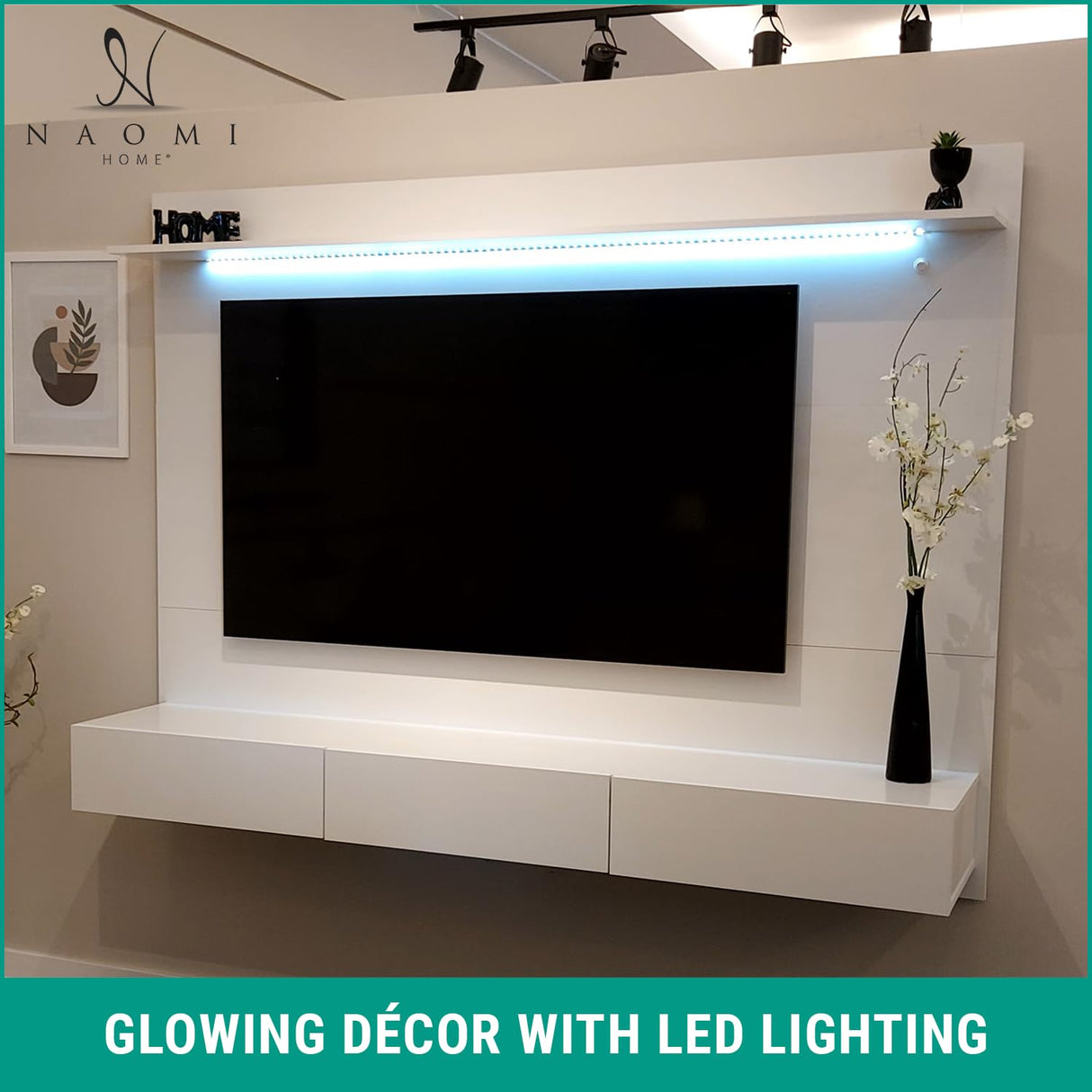 Naomi Home Bliss Modern Freestanding Wall Mounted Entertainment Center Floating TV Wall Panel for 70 inch TVs, Home Theater with LED Strip, Pull-Out Drawers and Overhead Shelf – White, Pine Wood Naomi Home