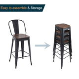 Alunaune 26" Swivel Metal Bar Stools Set of 4 High Back Counter Height Barstools Industrial Dining Bar Chairs with Large Wooden Seat-Matte Black Alunaune