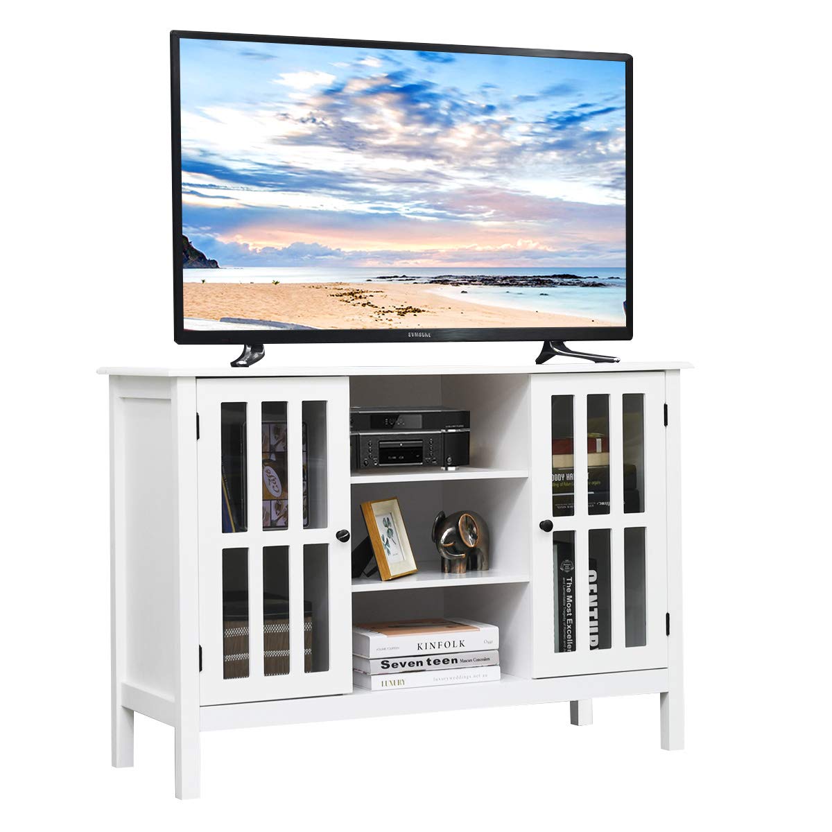 Tangkula White TV Stand, Modern Tall Entertainment Center for TVs up to 50", Media Console w/2 Storage Cabinets & 3 Open Shelves, Wire Hole, Wood TV Console Table for Living Room, White - WoodArtSupply