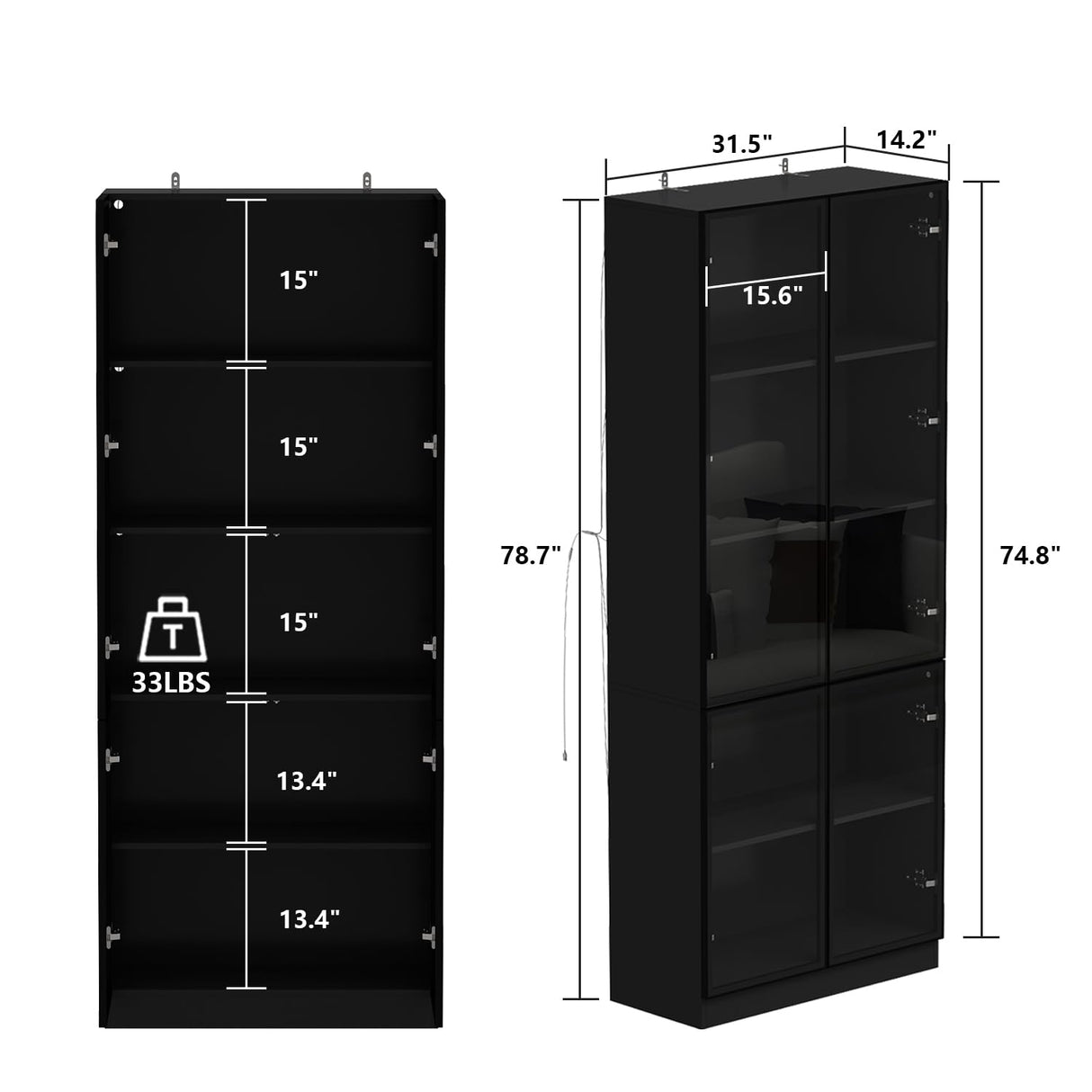 Homsee 5-Tier Black Bookcase with Glass Doors and LED Lighting for Stylish Storage Homsee