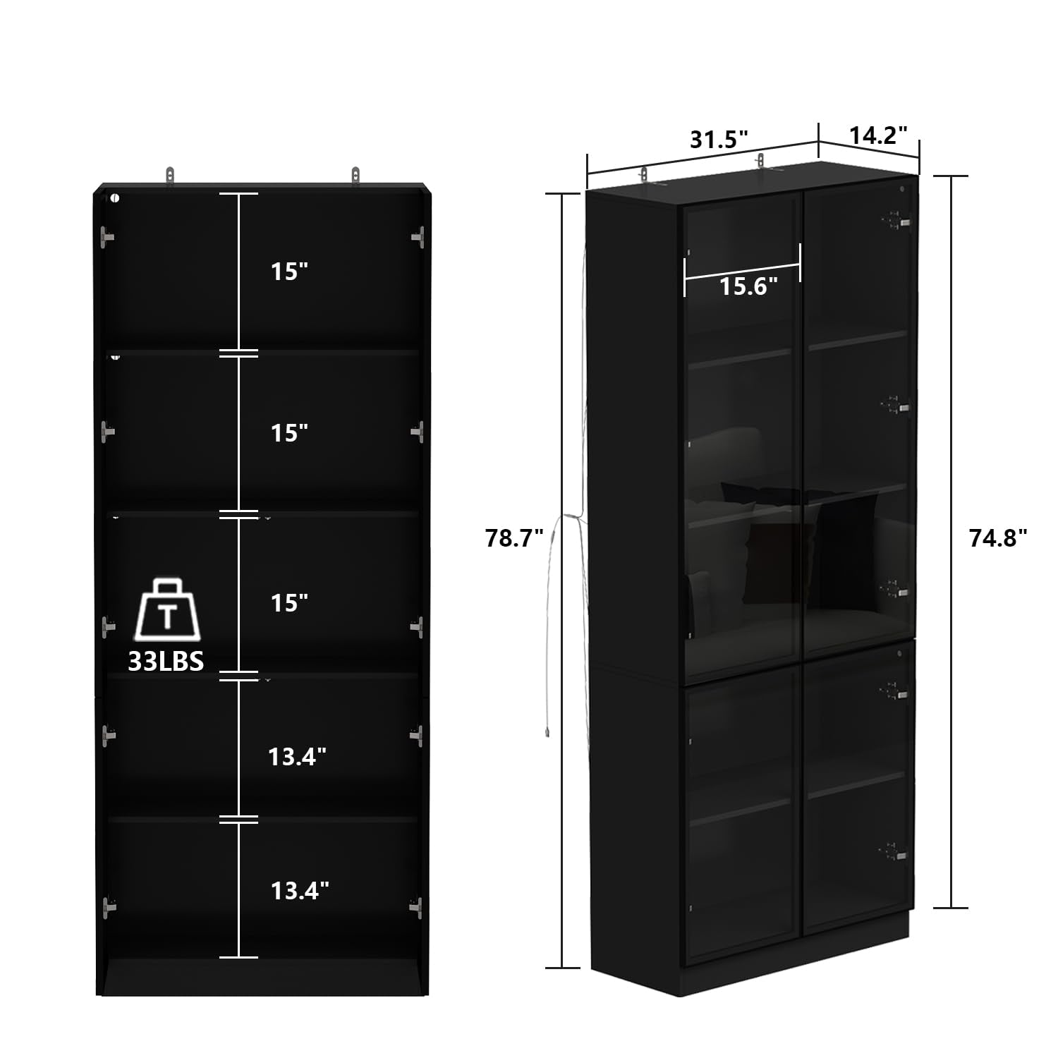 Homsee 5-Tier Black Bookcase with Glass Doors and LED Lighting for Stylish Storage - WoodArtSupply