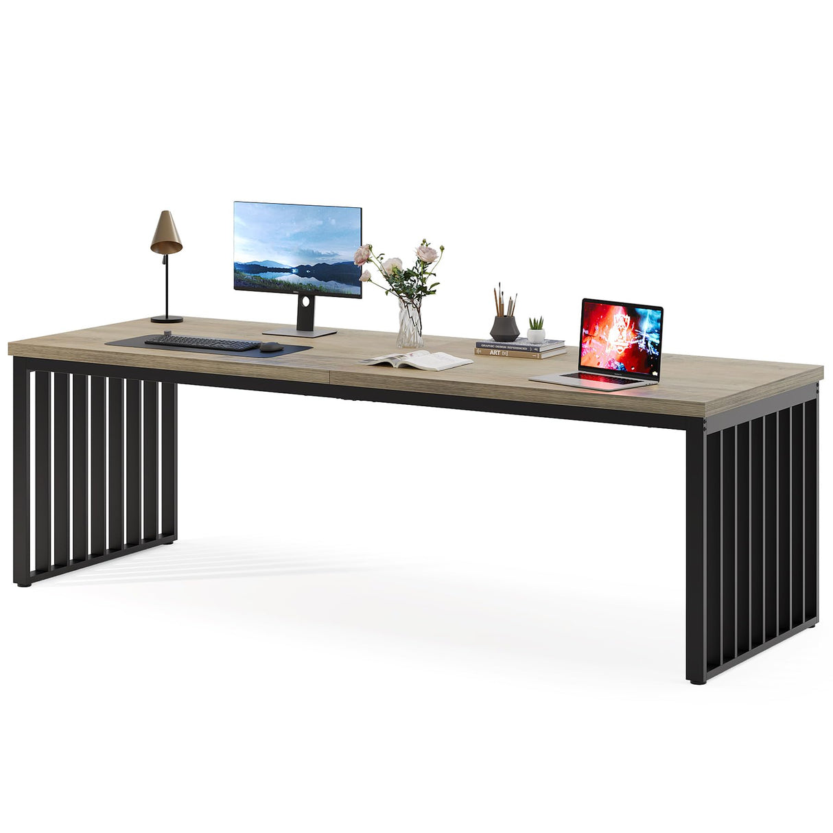 Tribesigns 78.74" Extra Long Computer Desk 2 Person Desk, Double Long Desk with Heavy Duty Metal Frame, Double Workstation Study Desk for Home Office, Brown (Without Chair) (Gray & Black) Tribesigns