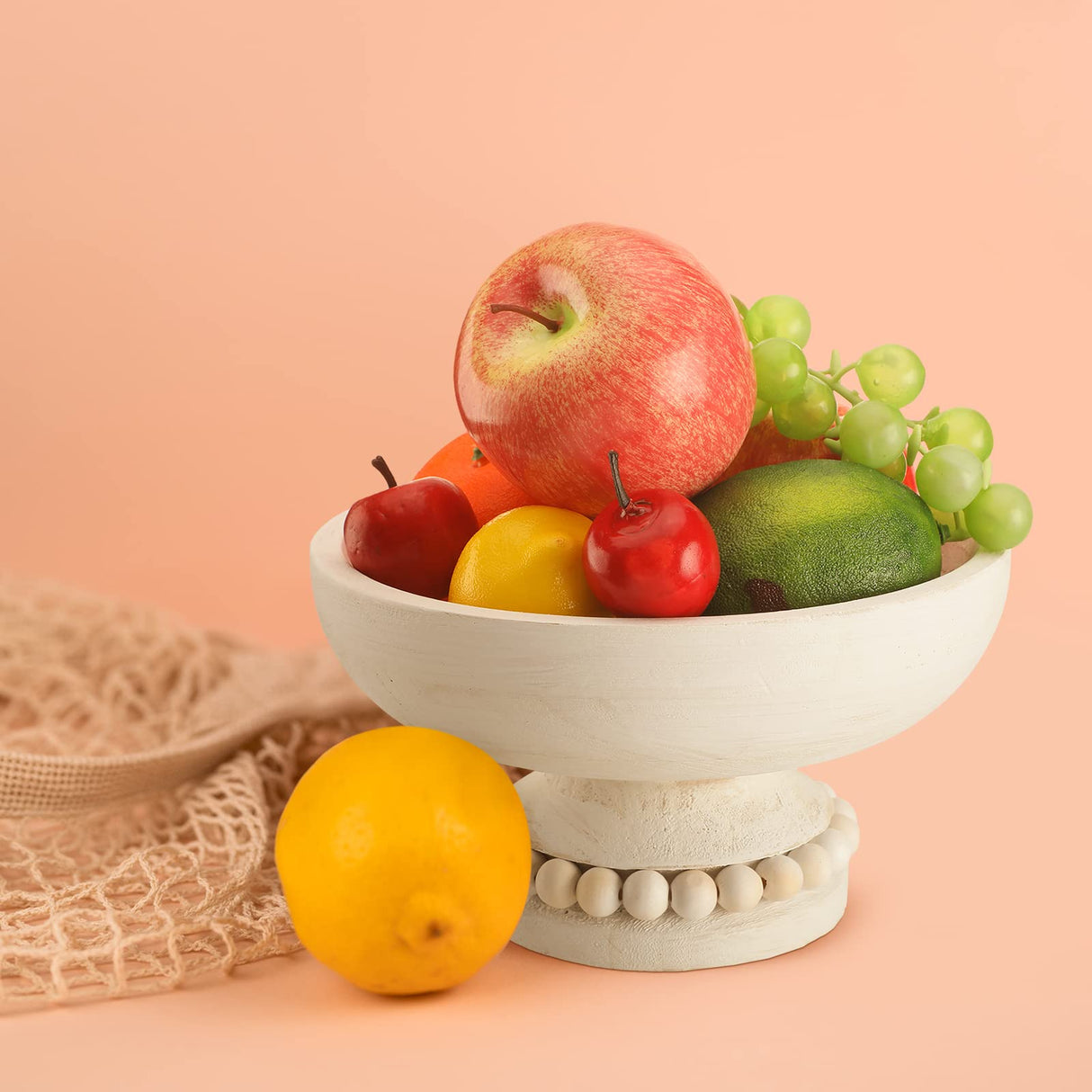 Amyhill Distressed Beaded Wood Pedestal Bowl Decorative Wooden Beaded Bowl Wood Pedestal Bowl Beaded Serving Bowl for Farmhouse Kitchen Decor (White) Amyhill