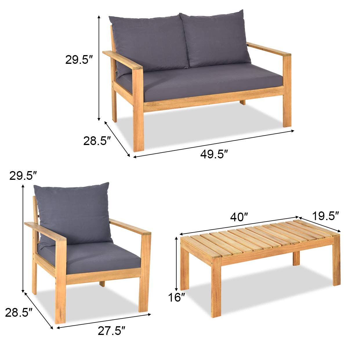 Tangkula Outdoor 4-Piece Acacia Wood Chat Set, 4 Seater Acacia Wood Conversation Sofa and Table Set with Waterproof Furniture Cover, Teak Finished (1, Grey) - WoodArtSupply