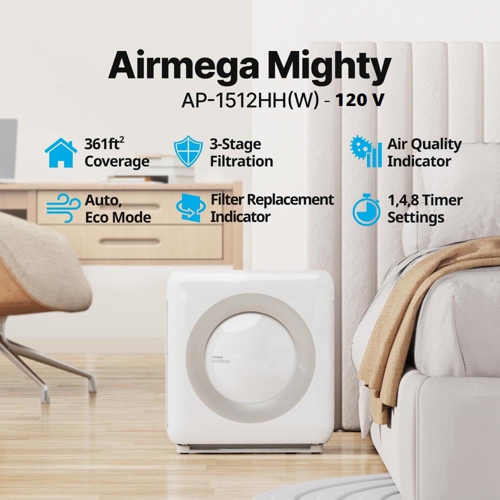 Coway Airmega AP-1512HH(W) True HEPA Purifier with Air Quality Monitoring, Auto, Timer, Filter Indicator, and Eco Mode, 16.8 x 18.3 x 9.7, White Coway