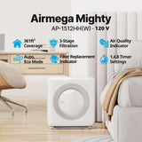 Coway Airmega AP-1512HH(W) True HEPA Purifier with Air Quality Monitoring, Auto, Timer, Filter Indicator, and Eco Mode, 16.8 x 18.3 x 9.7, White Coway