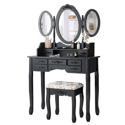 CHARMAID Vanity Set with Tri-Folding Mirror and Cushioned Stool, Dressing Table with 7 Drawers and a Shelf, Makeup Table Writing Desk with Removable Top, Makeup Vanity Set for Women Girls (Black)