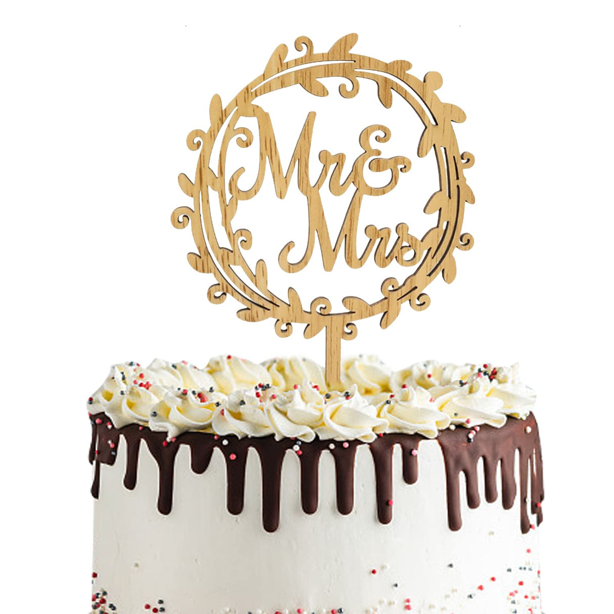 yueton Mr & Mrs Wooden Cake Topper, Chic Rustic Style Wedding Engagement Cake Topper, Mr and Mrs Wreath Cake Decoration, Wedding Anniversary Party Supplies - with a Gift Box yueton