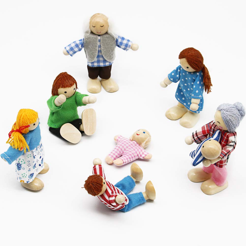 PUCKWAY Lovely Family Dollhouse Dolls Set of 8 Wooden Figures, Kids Girls Happy Playset Characters Accessories for Children Pretend Gift PUCKWAY
