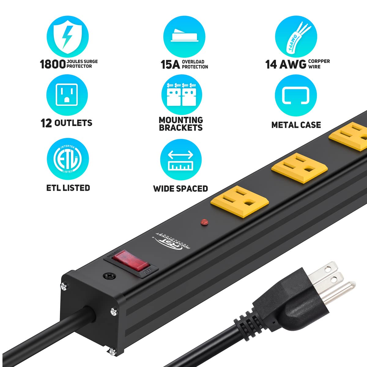 Long Power Strip, 12-Outlet Heavy Duty Surge Protector Wall Mount Power Strip with 1800 Joules Protection 15A Circuit Breaker 6FT for Garage, Shop, Industrial, Underdesk - WoodArtSupply