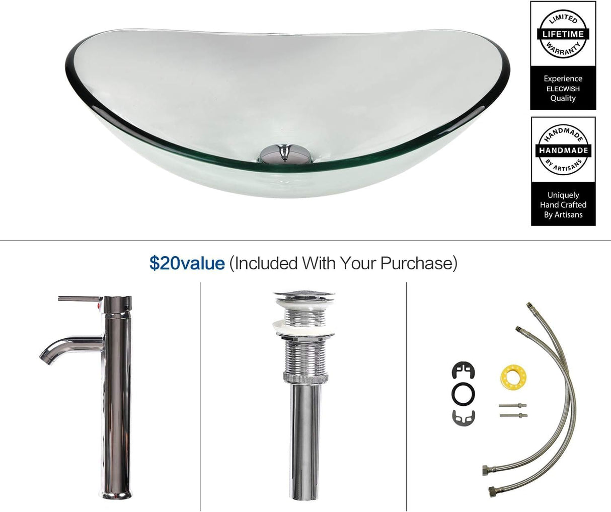 YOURLITE 28 Inch Floating Bathroom Vanity with Sink,White Modern Wall Mounted Bathroom Vanity and Tempered Glass Sink Combo with Mirror and Faucet and Pop-up Drain Set,Clear Boat Glass Sink YOURLITE