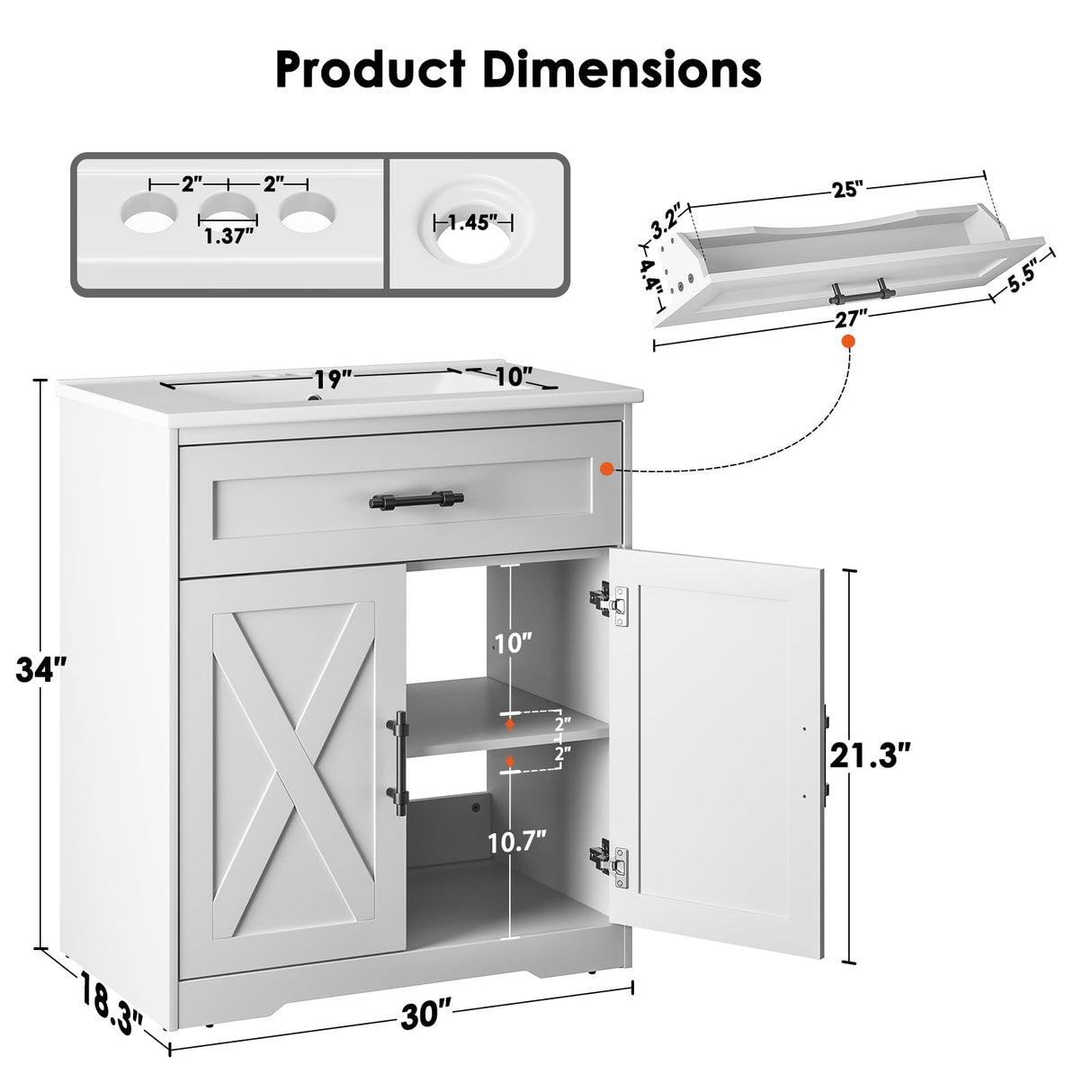 Amada 30″ Bathroom Vanity with Ceramic Sink, Farmhouse Undermount Vanity Sink Cabinet with 2 Doors and 1 Drawer, Free Standing Bathroom Storage Cabinet with Sink Combo Set, White AMADA HOMEFURNISHING