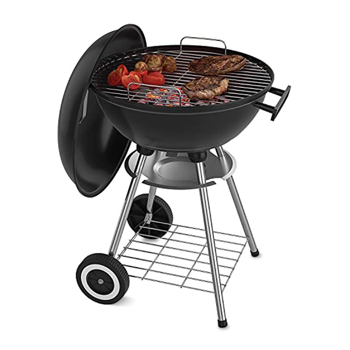 18 Inch Portable Charcoal Grill with 4 Legs and Wheels for Outdoor Cooking Barbecue Camping BBQ Coal Kettle Grill - Heavy Duty Round with Thickened Grilling Bowl for Small Patio Backyard Papapacks