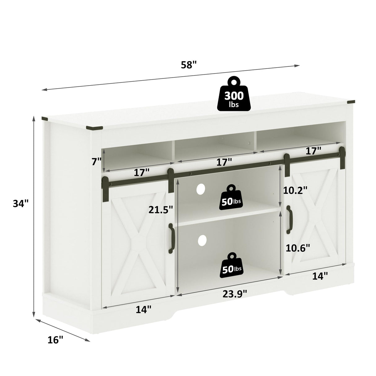 RoyalCraft Farmhouse TV Stand with Sliding Barn Door for TVs up to 65+ Inch, 34" Tall Entertainment Center, Wood Media Console Storage Cabinet for Bedroom, Living Room, White RoyalCraft