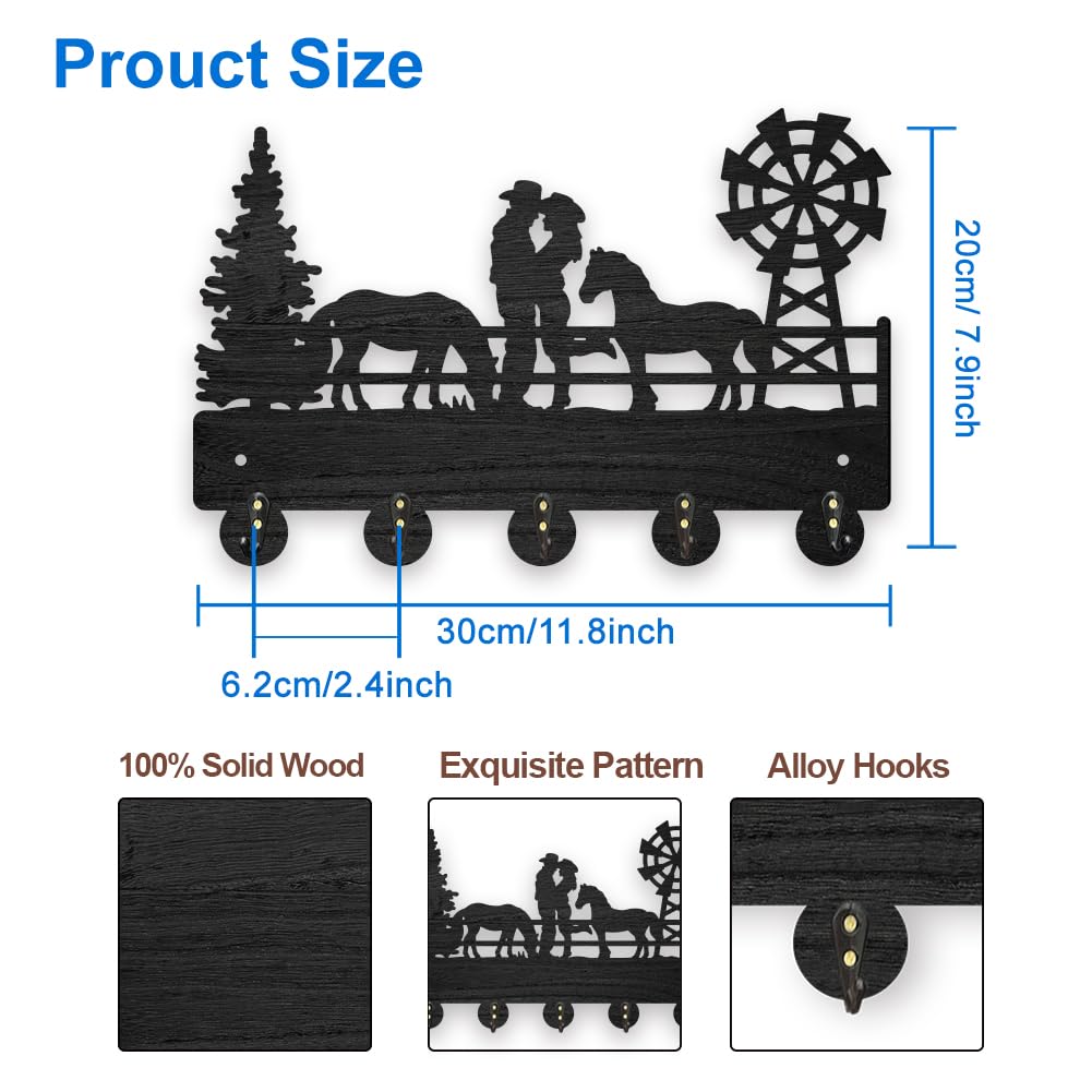 MAYJOYDIY Wood Cowboy Horse Farm Coat Hooks Farmhouse Cowgirl Windmill Key Holder for Wall 11.8×7.9inch Wall Art Decor Gift Black Wall Key Rack Organizer 5 Alloy Hooks for Bedroom Kitchen Entryway