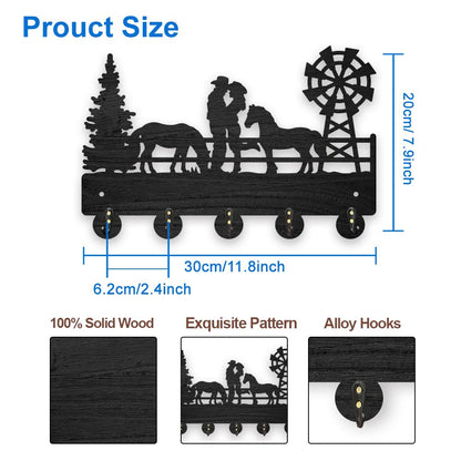 MAYJOYDIY Wood Cowboy Horse Farm Coat Hooks Farmhouse Cowgirl Windmill Key Holder for Wall 11.8×7.9inch Wall Art Decor Gift Black Wall Key Rack Organizer 5 Alloy Hooks for Bedroom Kitchen Entryway