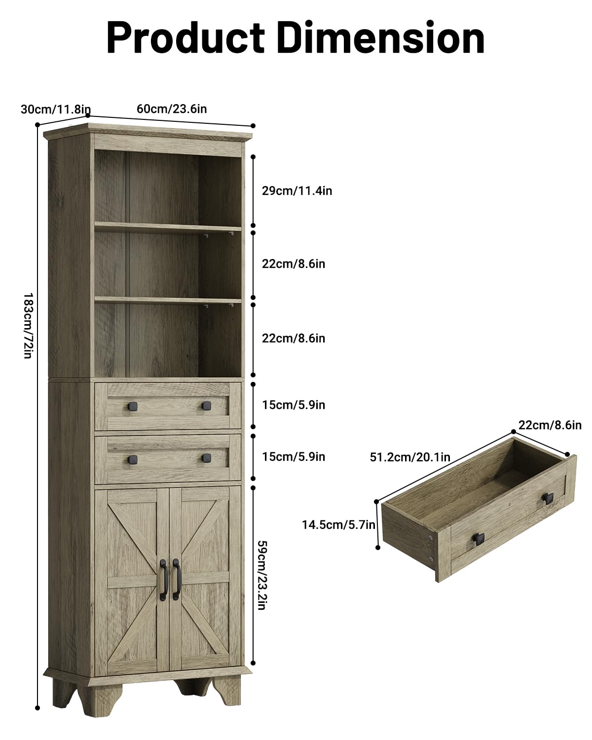 Seeday 72" Farmhouse Bathroom Storage Cabinet, Tall Kitchen Pantry Cabinet with 2 Drawers, Adjustable Shelves and Barn Door, Storage Cabinet for Bathroom, Living Room, Kitchen, Grey Seeday