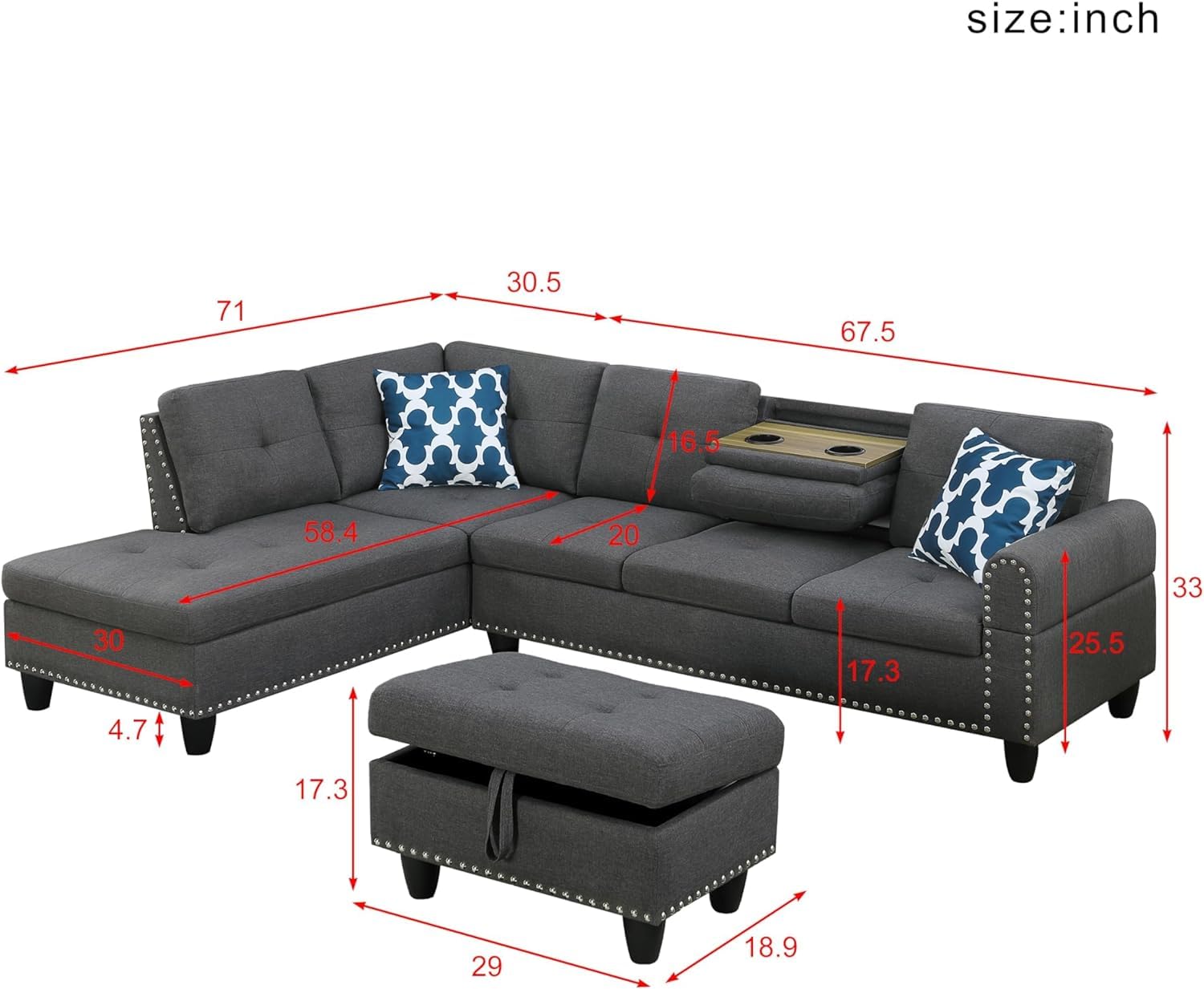 HBRR Reversible Sectional Sofa with Ottoman, Living Room Set, Left Facing Chaise, 2 Cup Holders, 2 Throw Pillows, Dark Gray, 71" D x 98" W x 33" H - WoodArtSupply