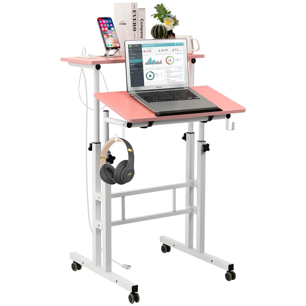 SIDUCAL Mobile Stand Up Desk, Adjustable Laptop Desk with Wheels, Home Office Workstation with USB Ports and Outlets, SIDUCAL