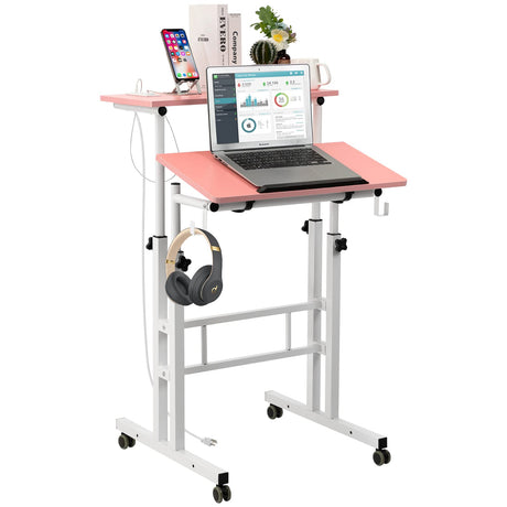 SIDUCAL Mobile Stand Up Desk, Adjustable Laptop Desk with Wheels, Home Office Workstation with USB Ports and Outlets, SIDUCAL
